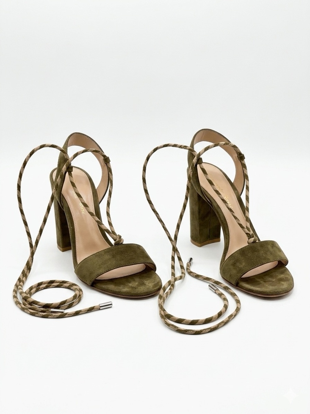 Gianvito Rossi Olive Suede Wrap Lace Block Heel Sandals